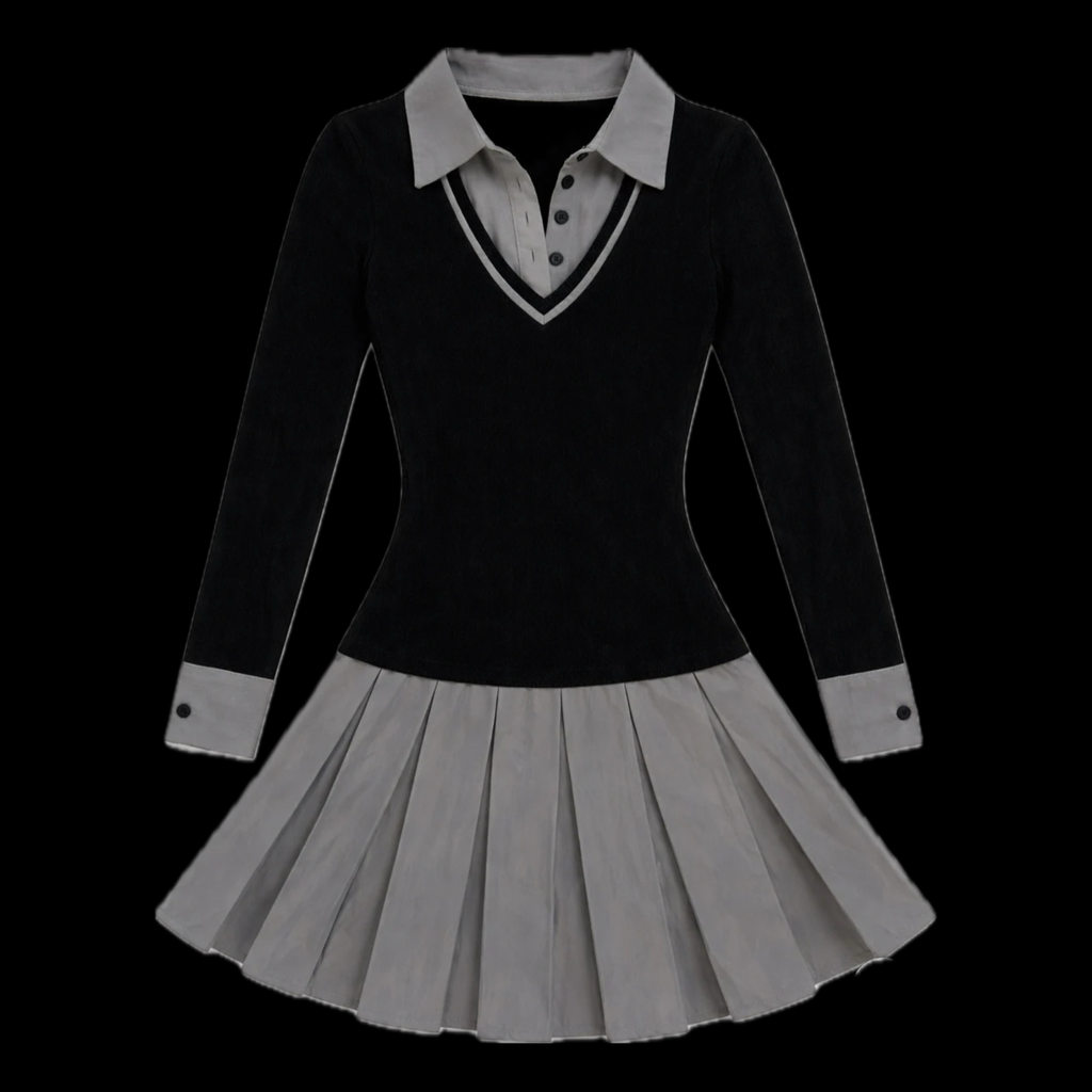 Slate Grey Ribbed Pleated Dress