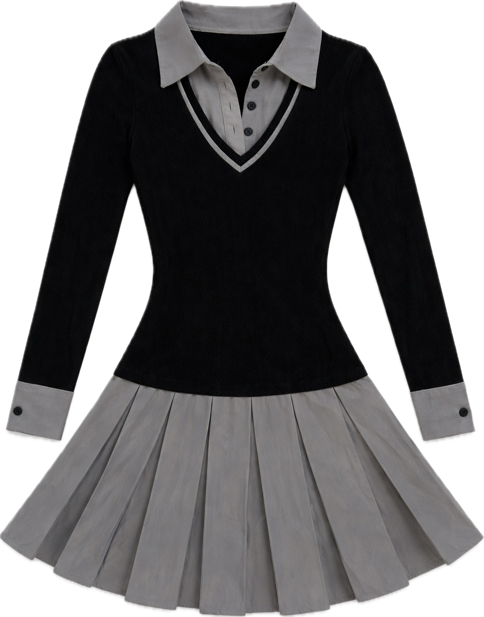 Slate Grey Ribbed Pleated Dress