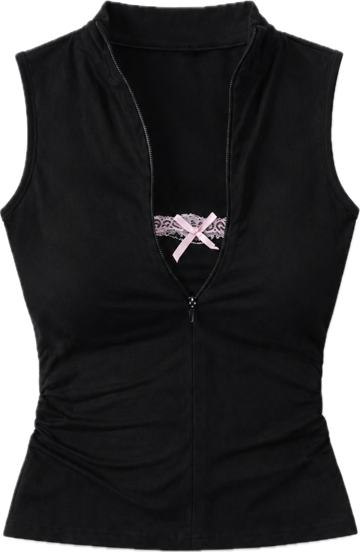 Sleeveless Onyx Second Skin Lace Zip Up