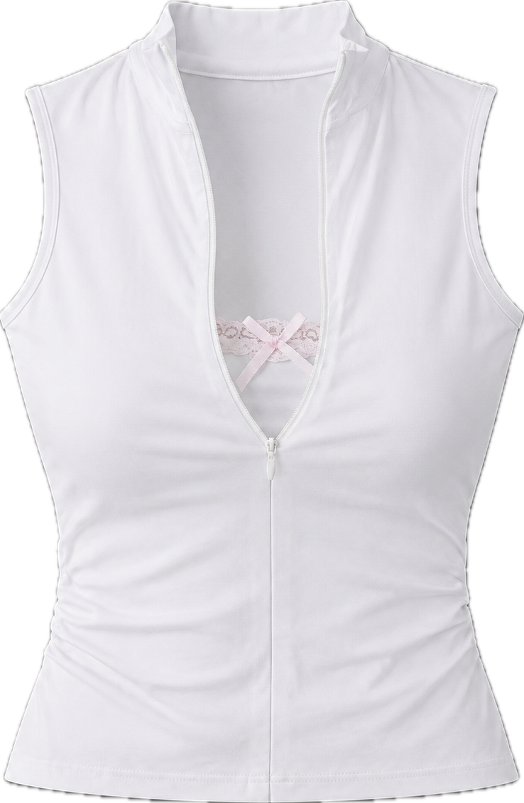 Sleeveless Porcelain Second Skin Lace Zip Up