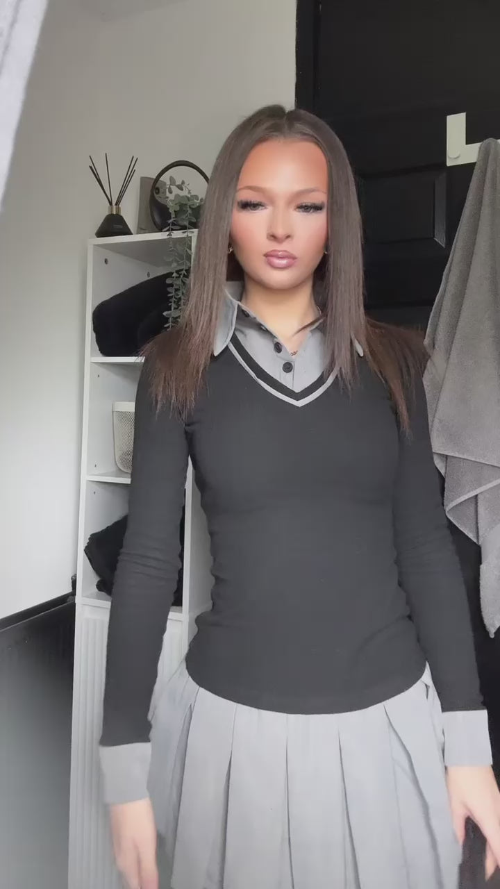 Slate Grey Ribbed Pleated Dress